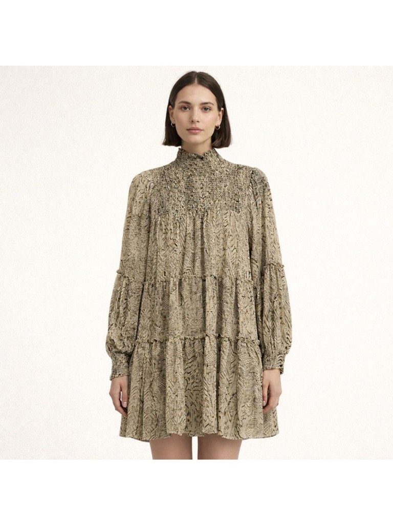 Vici Beige Gold Black Smocked High Neck Sheer Puff Sleeve Dress Womens Small